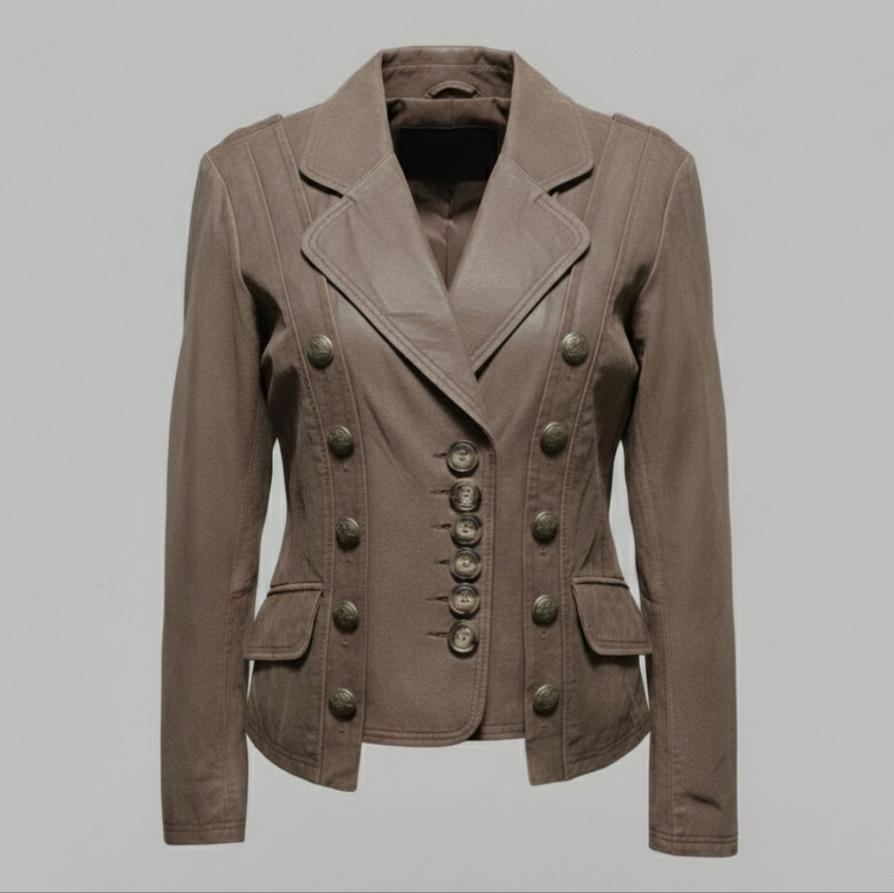 Pam McCoy Brown Distressed Military Style Leather Jacket w/Unique Button Detail